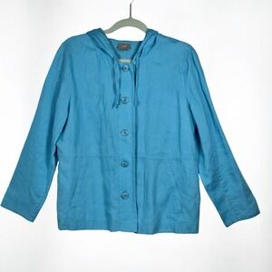 J Jill Petite Linen Hooded Button Front Jacket Woman Small Blue Lightweight